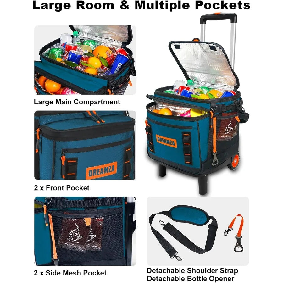 Soft Cooler with Wheels 60-Can Wheeled Cooler with Handle Leak Proof Rolling Cooler Insulated Bag with All-Terrain Cart Collaps