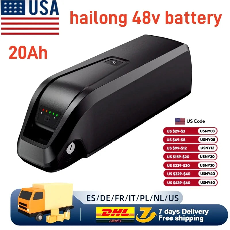 36V 48V 15Ah 20Ah Hailong Li-ion EBike Battery for 1000W 750W 500W Motor, 18650 Pack,Long Range Bicycle Battery,Fast Shipping