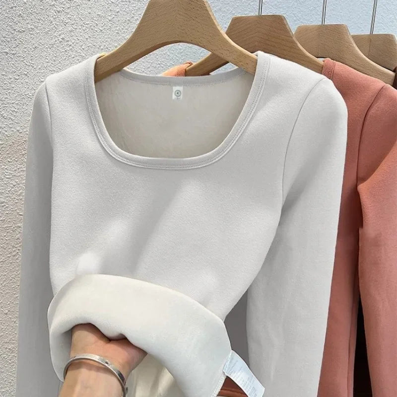 Winter Women Thermal Underwear Tops Square Collar Fleece Basic Pullover Autumn Crewneck Fashion Top Casual Thermal Shirt Women