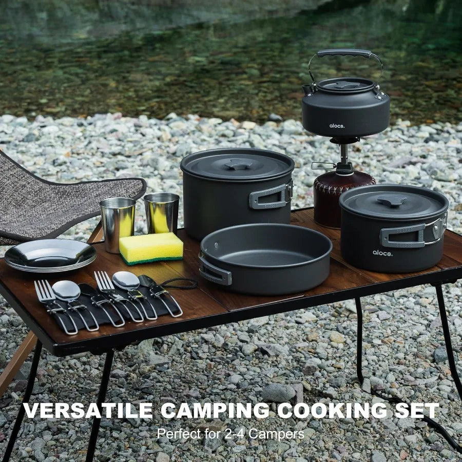 Alocs 17pcs Lightweight Camping Cookware Set for 2 People - Portable Outdoor Cooking Kit with Kettle and Stainless Steel Utensi