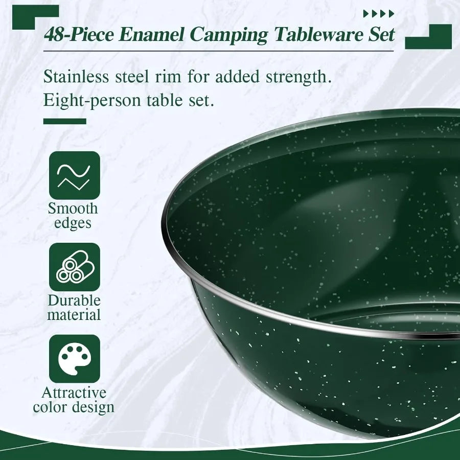 Nuogo 48 Pcs Enamel Camping Tableware Set with 12 oz Coffee Mugs 10.5 Inch Camping Plates 6 Inch Bowls and Utensil Kit Includin