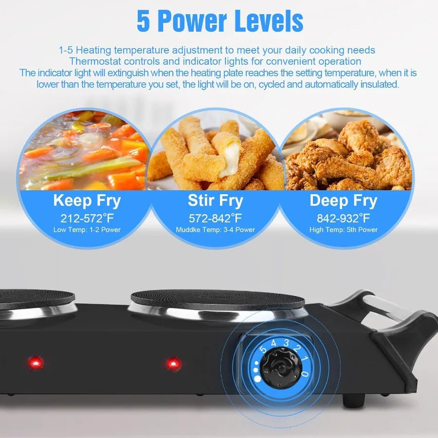 Portable Electric Stove Double Burner Hot Plate with 5 Temperature Settings 2000W Countertop Cooktop for RV Home and Camping Us