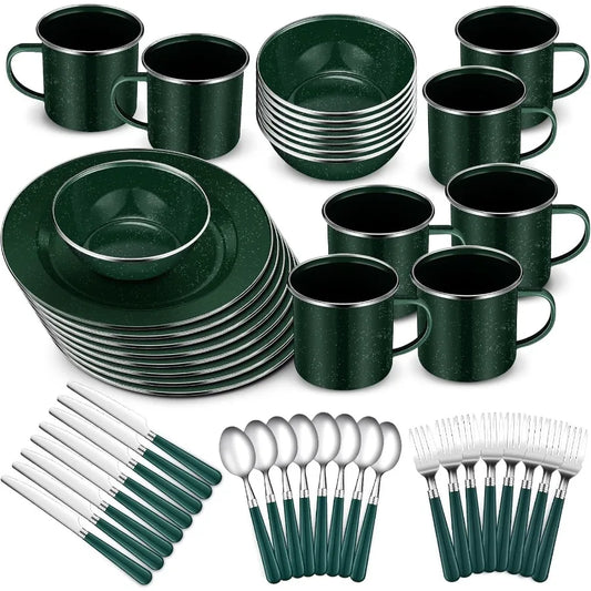 Nuogo 48 Pcs Enamel Camping Tableware Set with 12 oz Coffee Mugs 10.5 Inch Camping Plates 6 Inch Bowls and Utensil Kit Includin
