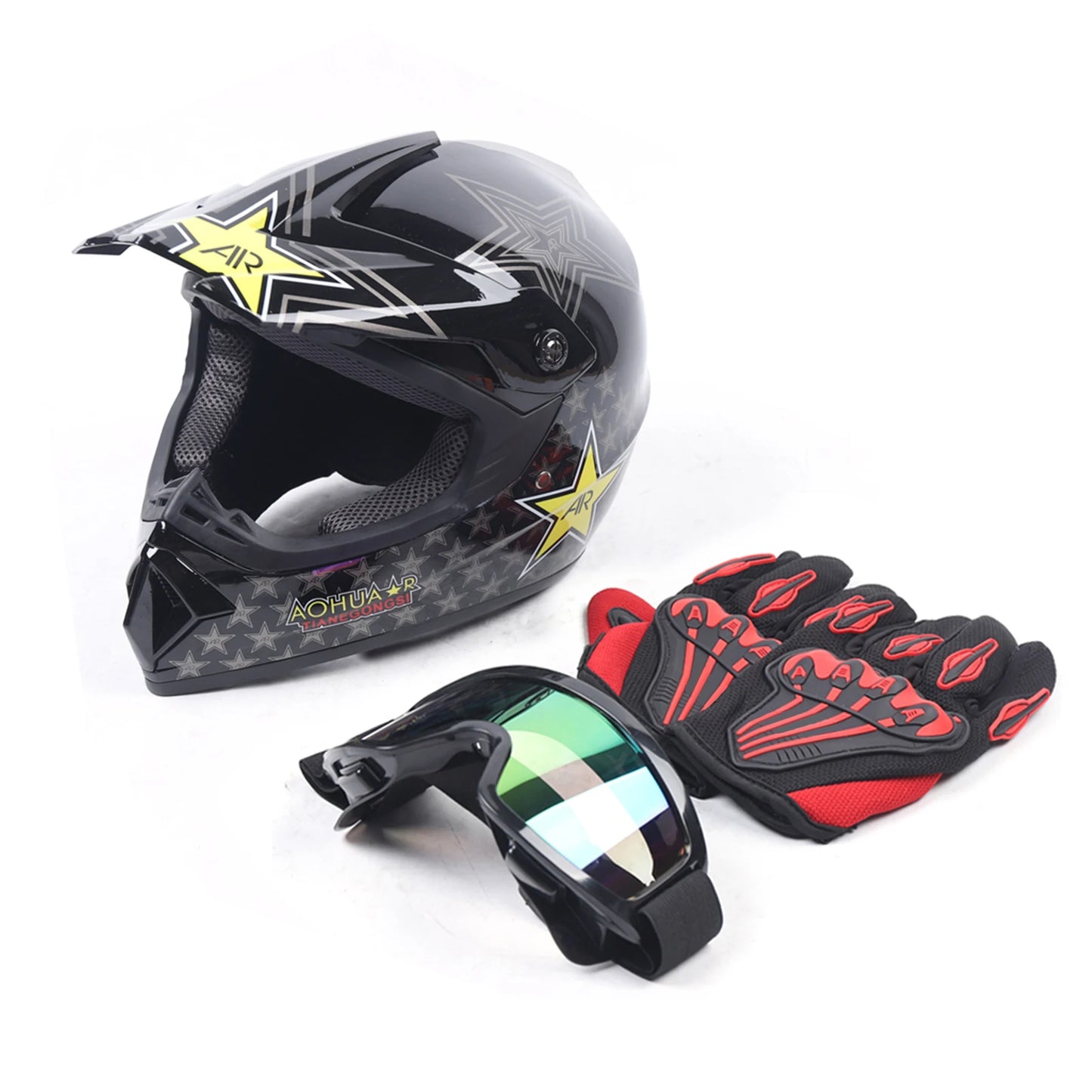 L Size Motorcycle Helmet Set DOT Standard Adult Full Face Helmet with Goggle & Gloves for Dirt Bike Off-Road Mountain ATV