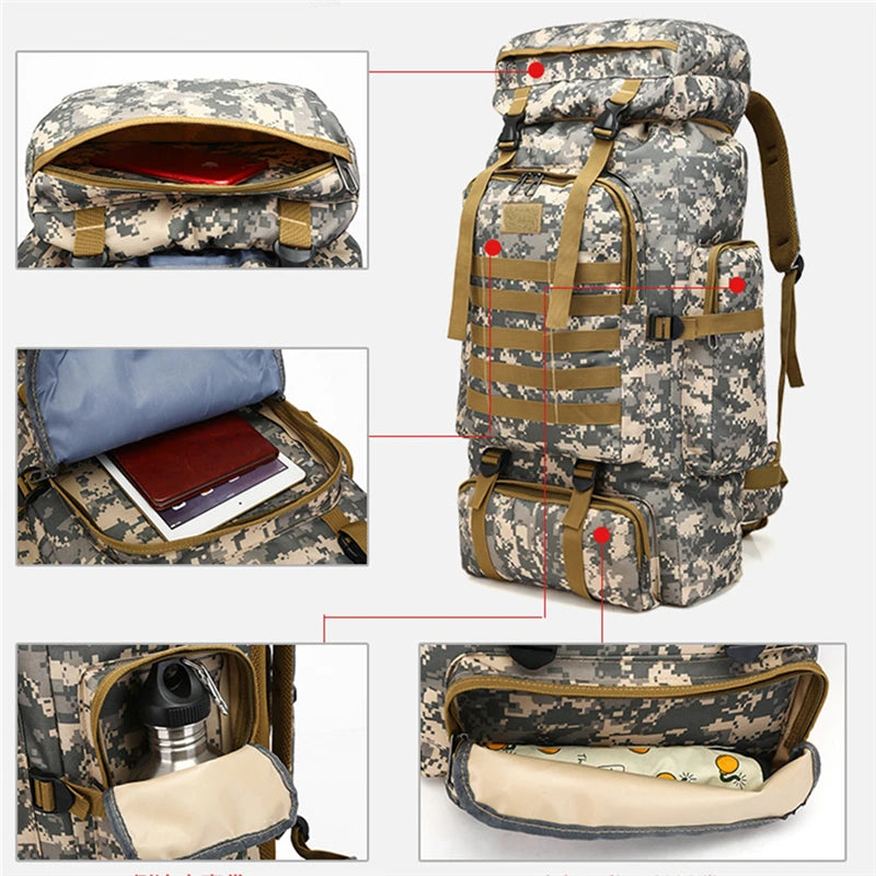 80L Waterproof Camo Tactical Backpack Military Army Hiking Camping Backpack Travel Rucksack Outdoor Sports Climbing Bag